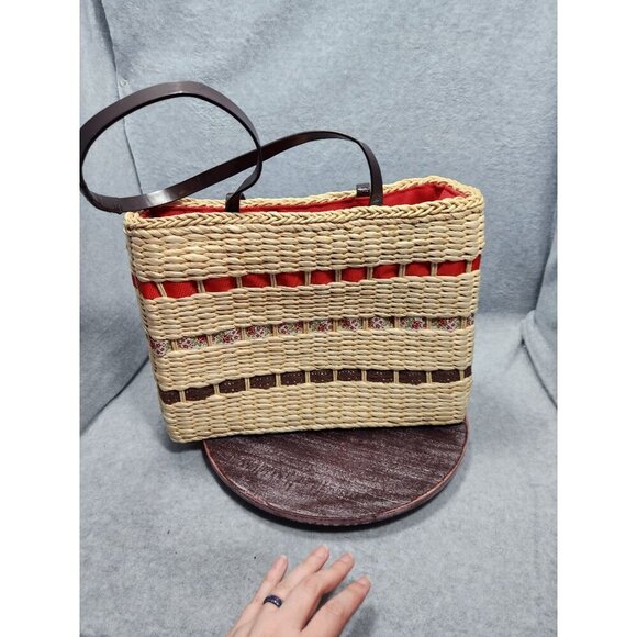 Woven Straw Tote Bag With Floral Accents & Red Lining - Picture 10 of 14